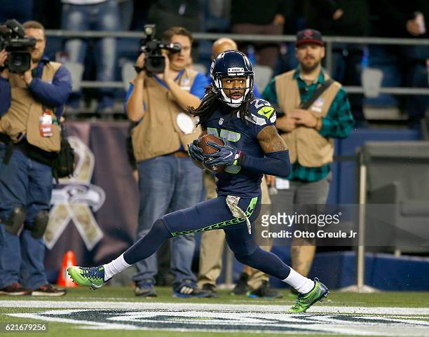 Cornerback Richard Sherman of the Seattle Seahawks intercepts a pass by the Buffalo Bills at CenturyLink Field on November 7, 2016 in Seattle,...