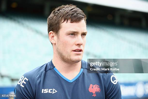 Luke Keary speaks to the media during a Sydney Roosters NRL media opportunity at Allianz Stadium on November 8, 2016 in Sydney, Australia.