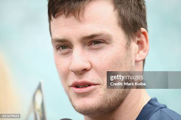 Luke Keary speaks to the media during a Sydney Roosters NRL media opportunity at Allianz Stadium on November 8, 2016 in Sydney, Australia.