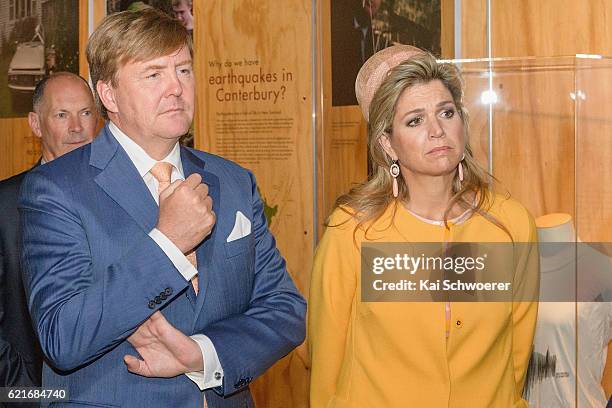 King Willem-Alexander and Queen Maxima of the Netherlands look on during a visit to Quake City on November 8, 2016 in Christchurch, New Zealand. The...