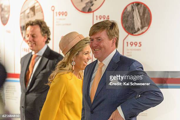 King Willem-Alexander and Queen Maxima of the Netherlands reacting during a visit to Quake City on November 8, 2016 in Christchurch, New Zealand. The...