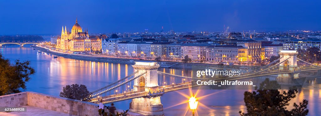 Panoramic of Chain Bridge and Parliament in Budapest at dusk