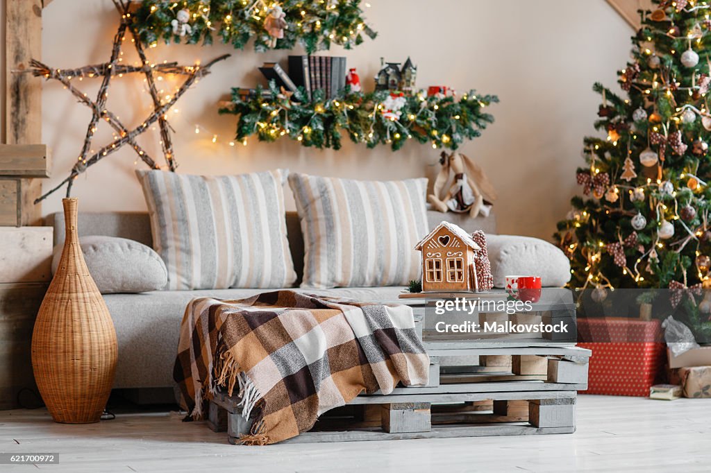 Calm image of interior modern home living room decorated christmas