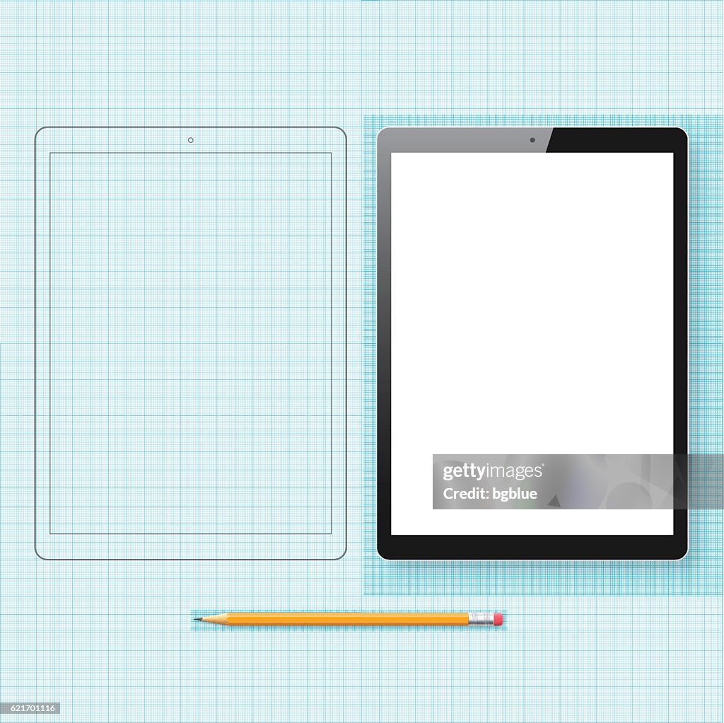 Outline Computer Taplet Tablet Pc Template And Outline Drawing Isolated On Graph Paper High-Res ...