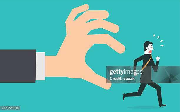 stockillustraties, clipart, cartoons en iconen met man in casual running away from big hand. - big bang