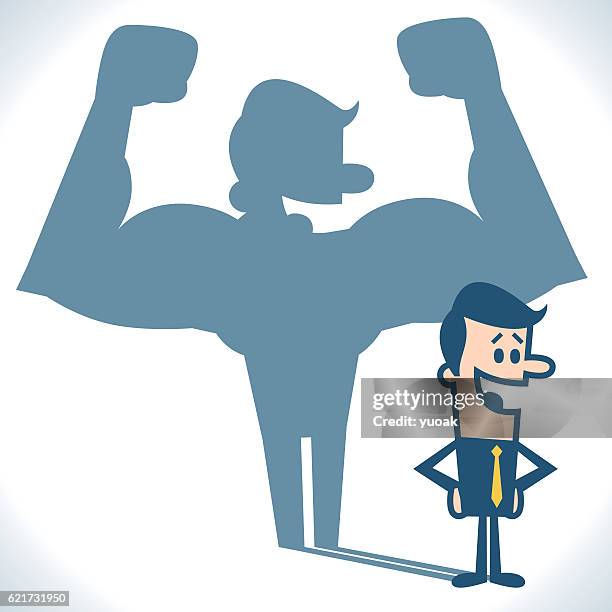 stockillustraties, clipart, cartoons en iconen met businessman casting strong man shadow - ijdel