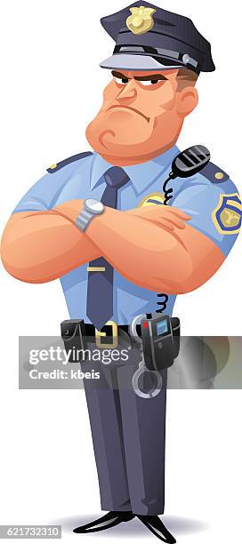 ilustraciones, imágenes clip art, dibujos animados e iconos de stock de oficial de policía - brazos cruzados