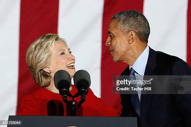 Barack Obama and Hillary Clinton attend "The Night Before" campaign rally at Independence Hall on November 7, 2016 in Philadelphia, Pennsylvania.