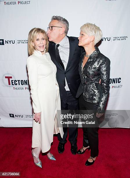 Actress Jane Fonda, Playwright Moises Kaufman and Tectonic Executive Director Lauren Wainwright attend Tectonic at 25 at NYU Skirball Center on...