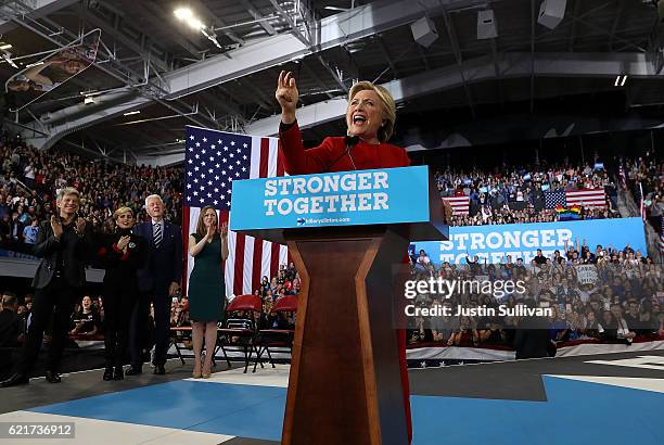 Democratic presidential nominee former Secretary of State Hillary Clinton speaks during a campaign rally at North Carolina State University on...