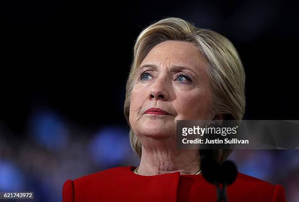 Democratic presidential nominee former Secretary of State Hillary Clinton speaks during a campaign rally at North Carolina State University on...