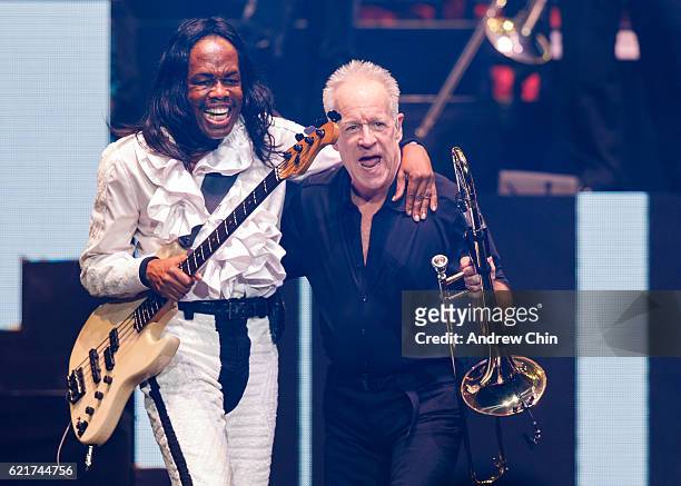 Musician Verdine White of Earth Wind And Fire and Songwriter James Pankow of rock band Chicago performs on stage at Rogers Arena on November 7, 2016...