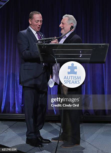 Honoree/ Chef Franklin Becker and chef Jonathan Waxman speak during Autism Speaks Celebrity Chef Gala at Cipriani Wall Street on November 7, 2016 in...