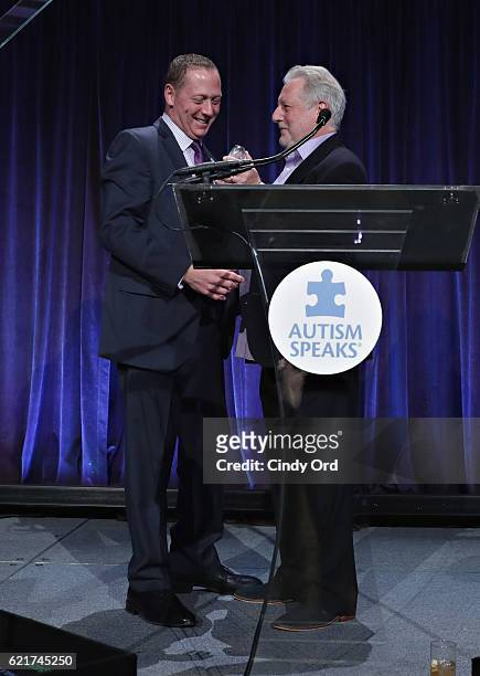Honoree/ Chef Franklin Becker and chef Jonathan Waxman speak during Autism Speaks Celebrity Chef Gala at Cipriani Wall Street on November 7, 2016 in...
