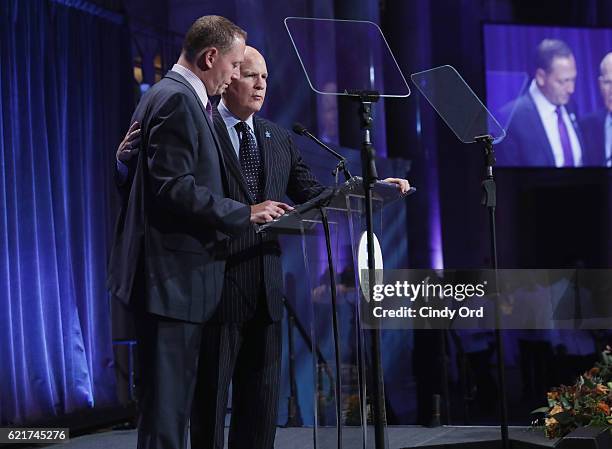 Honoree/ Chef Franklin Becker and Co-Founder of Autism Speaks Bob Wright speak during Autism Speaks Celebrity Chef Gala at Cipriani Wall Street on...