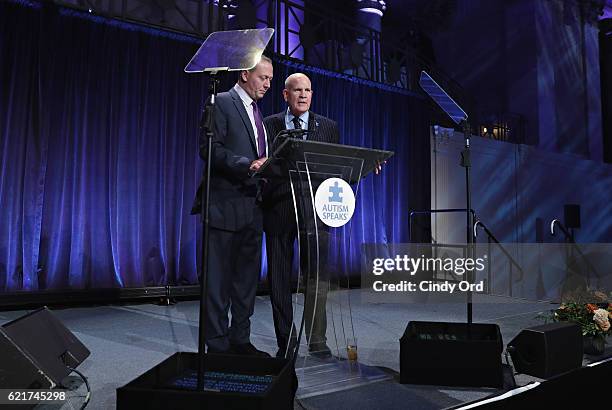 Honoree/ Chef Franklin Becker and Co-Founder of Autism Speaks Bob Wright speak during Autism Speaks Celebrity Chef Gala at Cipriani Wall Street on...