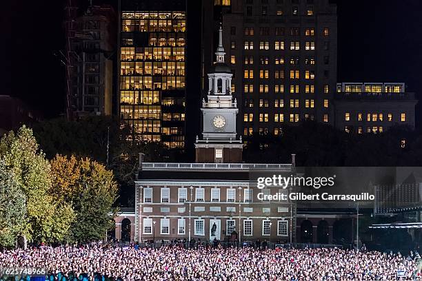 General view of atmosphere of Independence Hall during the Hillary Clinton 'Get Out The Vote' campaign rally with Bruce Springsteen and Jon Bon Jovi...