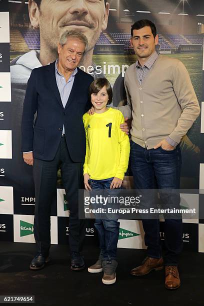 Porto goalkeeper Iker Casillas and the boy Hugo present their short film 'Heroes Terrenales' at 'El Corte Ingles' Store on November 7, 2016 in...