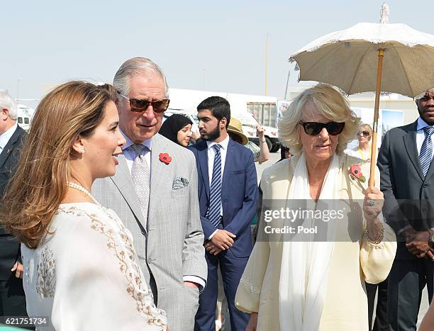 Princess Haya of Jordan talks with the Prince Charles, Prince of Wales and Camilla, Duchess of Cornwall holding a parasol as they tour the...