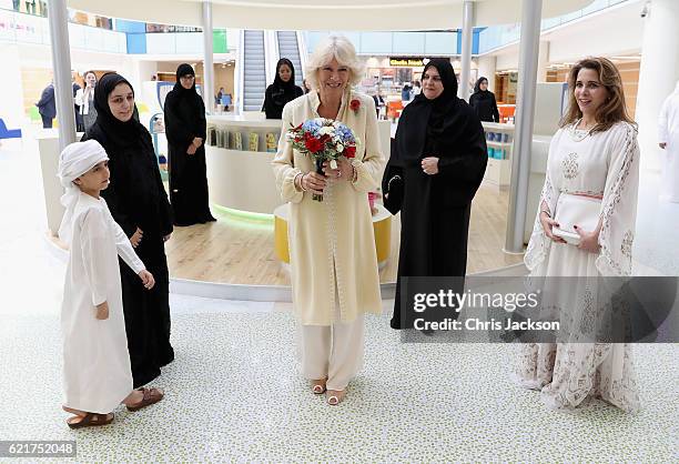 Camilla, Duchess of Cornwall and Princess Haya Bint Al Hussein on day 3 of a Royal tour of the United Arab Emirates at Al Jalila Children's...