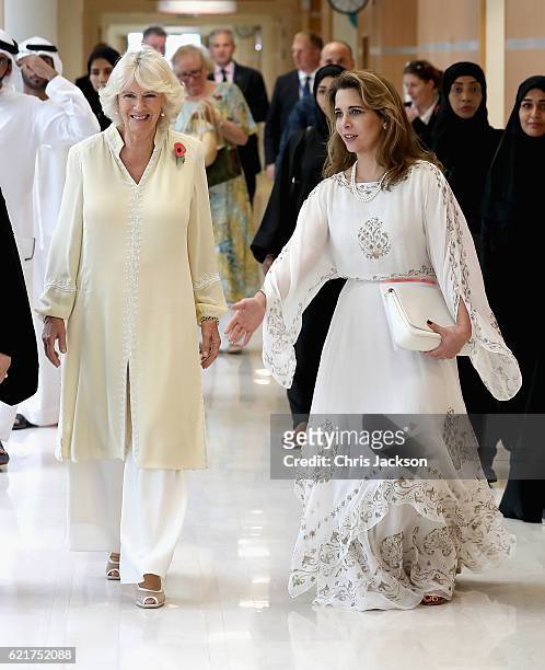 Camilla, Duchess of Cornwall and Princess Haya Bint Al Hussein on day 3 of a Royal tour of the United Arab Emirates at Al Jalila Children's...
