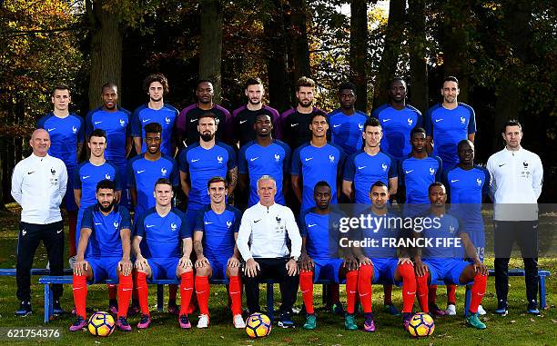 France's national football team : France's defender Lucas Digne, defender Djibril Sidibé, midfielder Adrien Rabiot, goalkeeper Steve Mandanda,...
