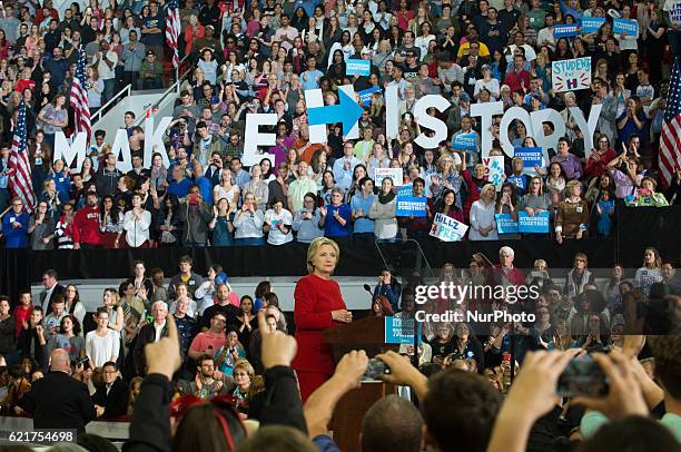 Democratic presidential nominee former Secretary of State Hillary Clinton speaks during a campaign rally at North Carolina State University on...