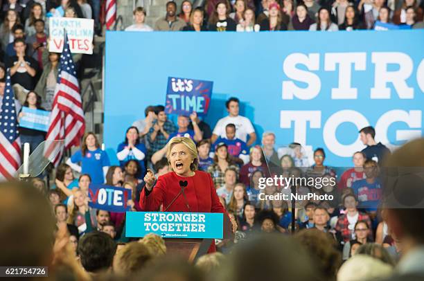 Democratic presidential nominee former Secretary of State Hillary Clinton speaks during a campaign rally at North Carolina State University on...