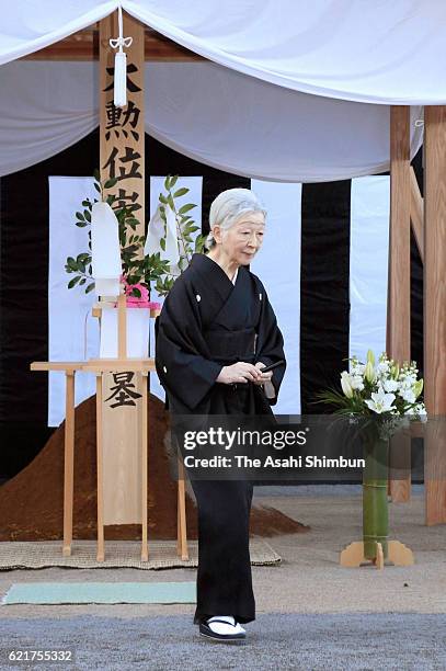 Empress Michiko is seen after paying respect at the grave of late Prince Mikasa at Toshimagaoka Cemetery on November 5, 2016 in Tokyo, Japan. Prince...