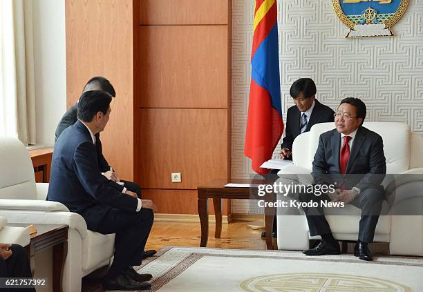 Mongolia - Japan's minister in charge of the abduction issue Keiji Furuya meets with Mongolian President Tsakhia Elbegdorj in Ulan Bator on July 9,...
