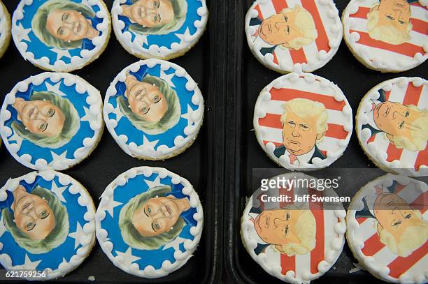 Donald Trump and Hillary Clinton cookies are on sale at the Oakmont Bakery on November 8, 2016 in Oakmont, Pennsylvania. Trump leads the...