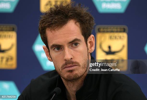 Andy Murray of Great Britain answers to the media following the final of the Paris ATP Masters Series 1000 at AccorHotel Arena aka Palais Omnisports...