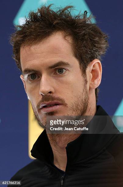 Andy Murray of Great Britain answers to the media following the final of the Paris ATP Masters Series 1000 at AccorHotel Arena aka Palais Omnisports...