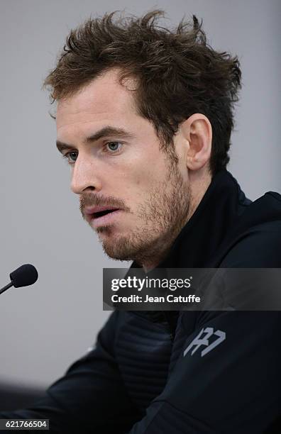 Andy Murray of Great Britain answers to the media following the final of the Paris ATP Masters Series 1000 at AccorHotel Arena aka Palais Omnisports...