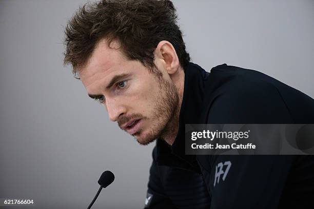 Andy Murray of Great Britain answers to the media following the final of the Paris ATP Masters Series 1000 at AccorHotel Arena aka Palais Omnisports...