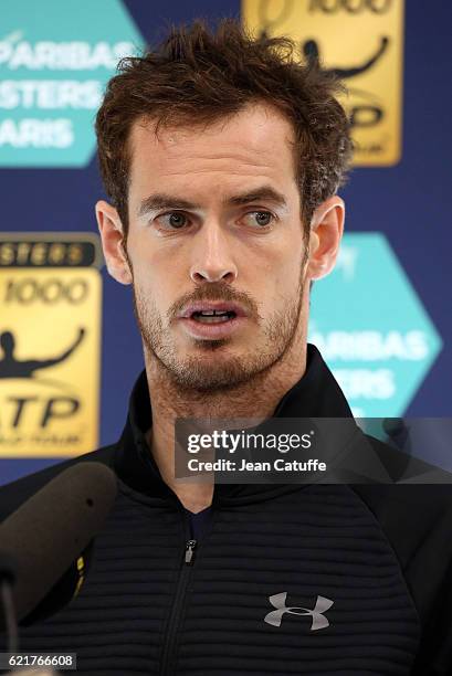 Andy Murray of Great Britain answers to the media following the final of the Paris ATP Masters Series 1000 at AccorHotel Arena aka Palais Omnisports...