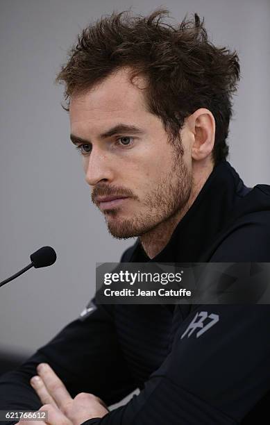 Andy Murray of Great Britain answers to the media following the final of the Paris ATP Masters Series 1000 at AccorHotel Arena aka Palais Omnisports...