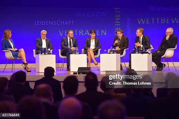 Host Bettina Cramer, Joerg Quoos, Tanit Koch, Christian Krug, Giovanni di Lorenzo, Robert Schneider and Uwe Vorkoetter speak during Day 2 of the VDZ...