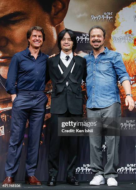 Tom Cruise, Sosuke Ikematsu, and Edward Zwick attend the press conference and photocall of the Paramount Pictures' 'Jack Reacher: Never Go Back'...