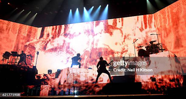 Jordan Fish, Oliver Sykes, Matt Kean, Matt Nicholls and Lee Malia of Bring Me The Horizon perform at Sheffield Arena on November 6, 2016 in...