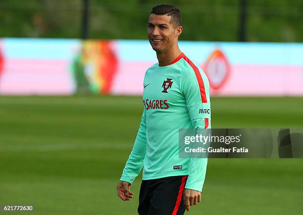 Portugal's forward Cristiano Ronaldo during Portugal's National Team Training session before the 2018 FIFA World Cup Qualifiers matches against...
