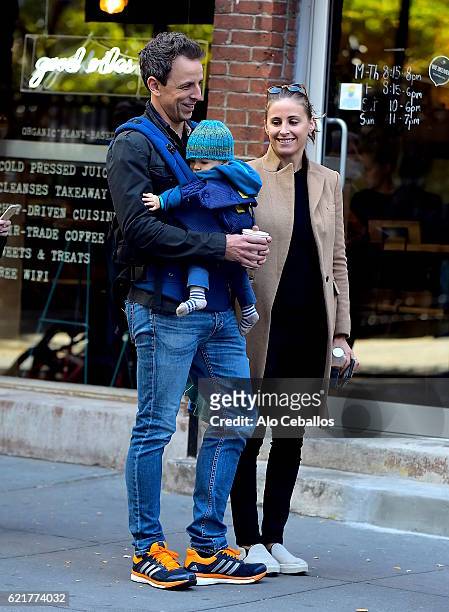 Seth Meyers and Alexi Ashe are seen waiting in line to vote in the West Village on November 8, 2016 in New York City.