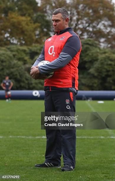 Jason Ryles, the England assistant defence coach looks on during the England training session at Pennyhill Park on November 8, 2016 in Bagshot,...