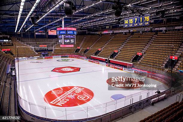 The arena is empty an the ice is set for the upcoming Champions Hockey League Round of 16 match between HV71 Jonkoping and Sparta Prague at Kinnarps...