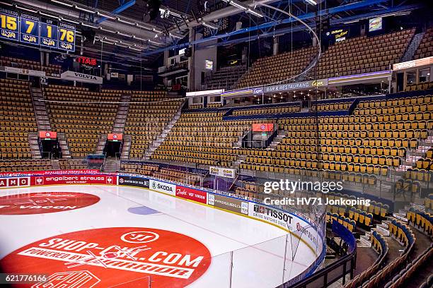 Seats are still empty before the upcoming Champions Hockey League Round of 16 match between HV71 Jonkoping and Sparta Prague at Kinnarps Arena on...