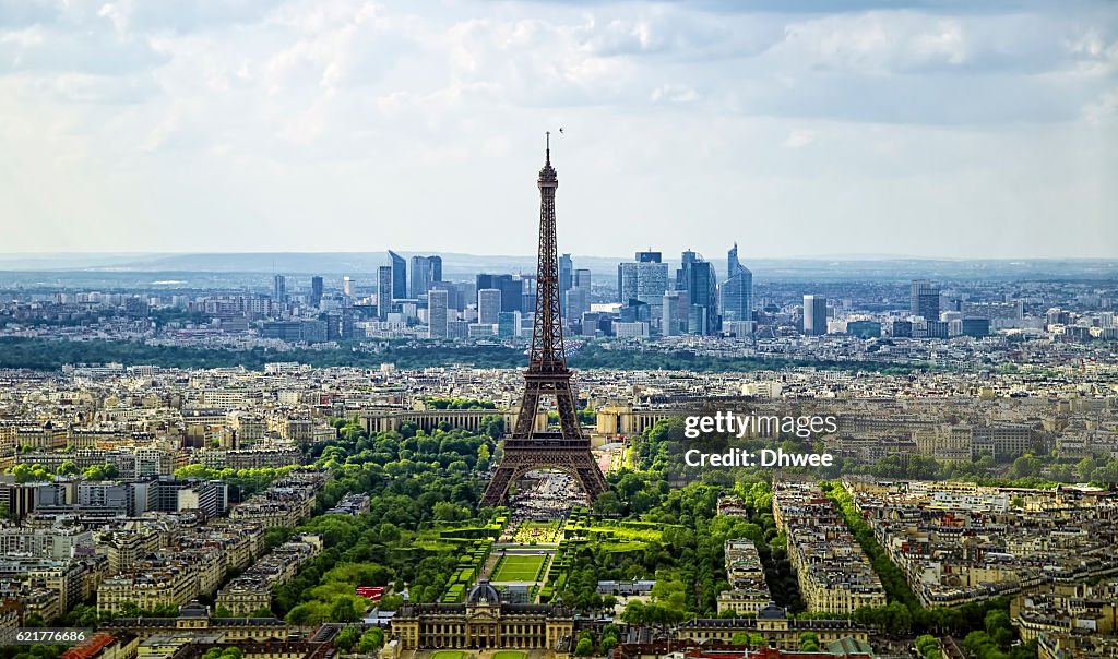 Elevated View Of Paris Skyline With Eiffel Tower In Spring