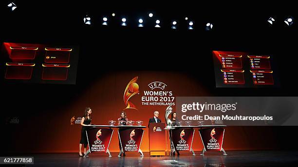 Dutch sports journalist Diana Kuip on stage with UEFA director of competitions Giorgio Marchetti, UEFA Women's EURO Final Tournament Draw Ambassador...