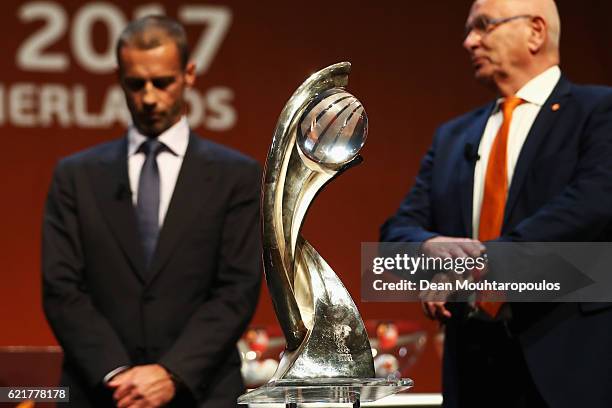 Detailed view of the trophy in front of KNVB President Michael van Praag and UEFA President, Aleksander Ceferin on stage during the UEFA Women's EURO...