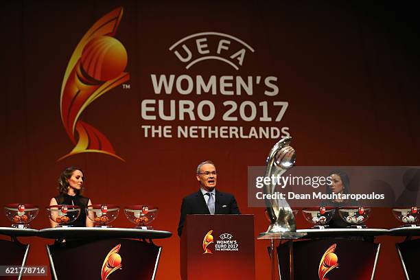 Dutch sports journalist Diana Kuip on stage with UEFA director of competitions Giorgio Marchetti, UEFA Women's EURO Final Tournament Draw Ambassador...