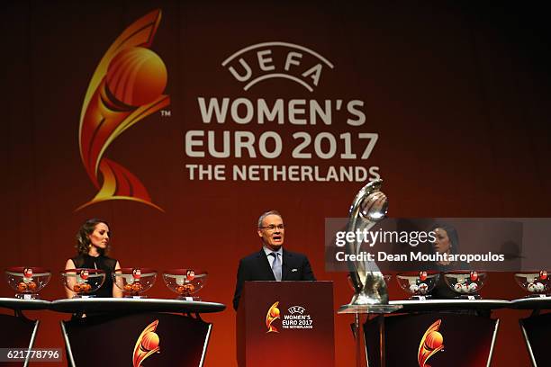 Dutch sports journalist Diana Kuip on stage with UEFA director of competitions Giorgio Marchetti, UEFA Women's EURO Final Tournament Draw Ambassador...